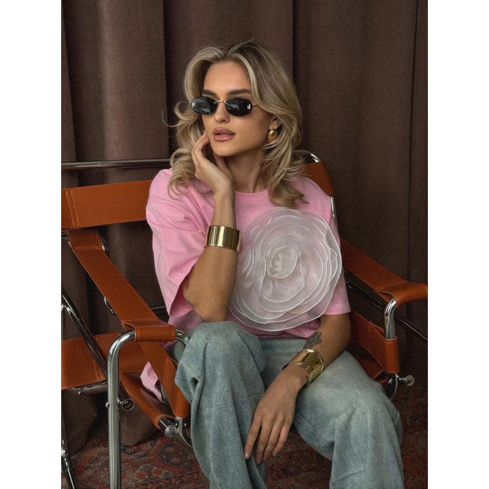 

Элегантная хлопковая футболка Hirsionsan для женщин 2025 года, летняя футболка большого размера, повседневная базовая свободная футболка, шикарные винтажные женские топы с цветком L розовый