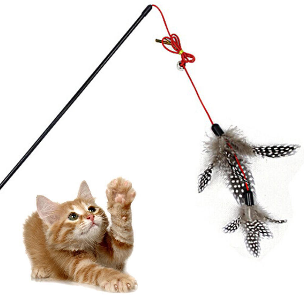 Cheap Steel Wire Kitten Cat Toy Feather Rod Teaser Bell Play Pet