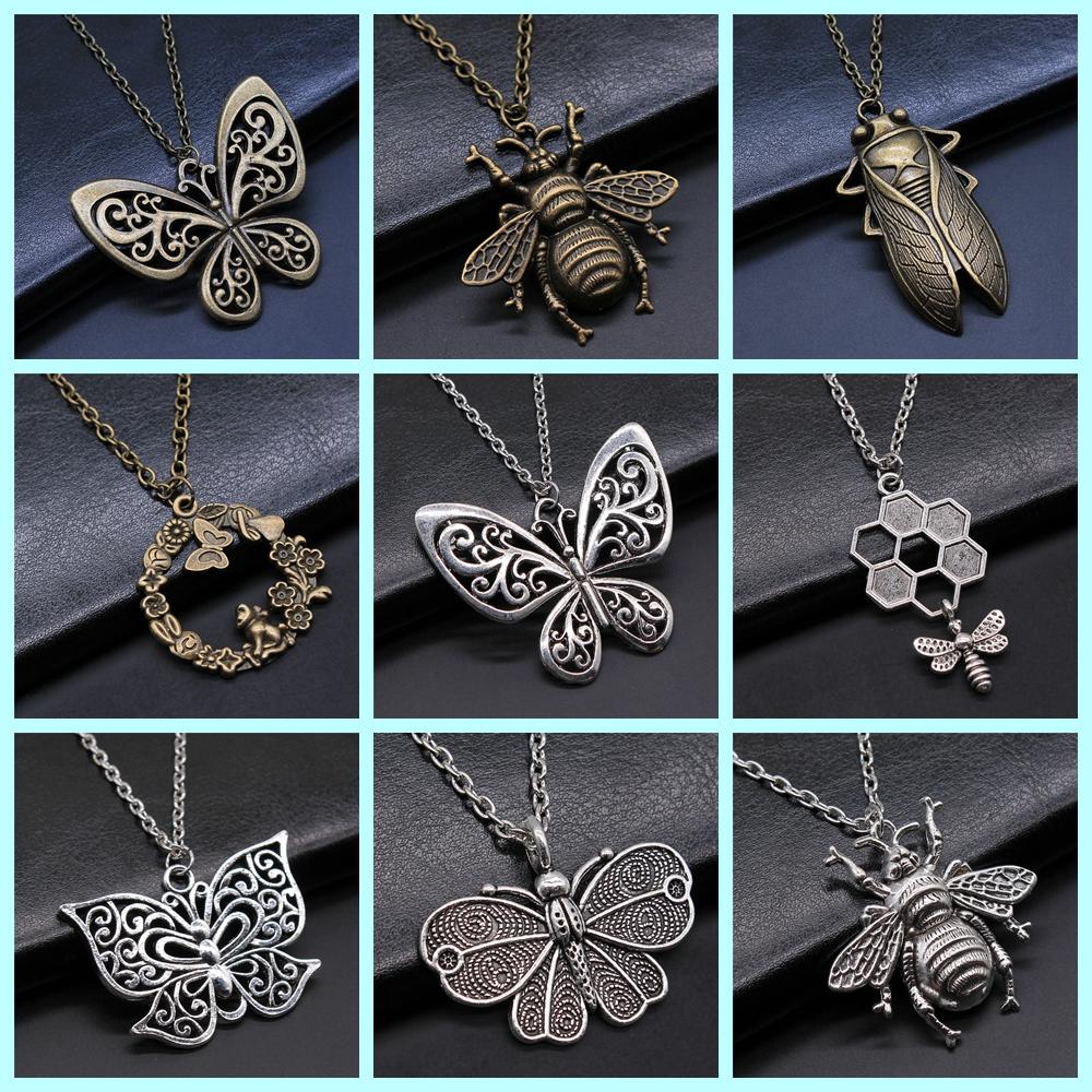 New Fashion Antique Silver Color Flying Animal Insect Necklace Butterfly Dragonfly Bee Cicada Pendant Necklace Gift For Women