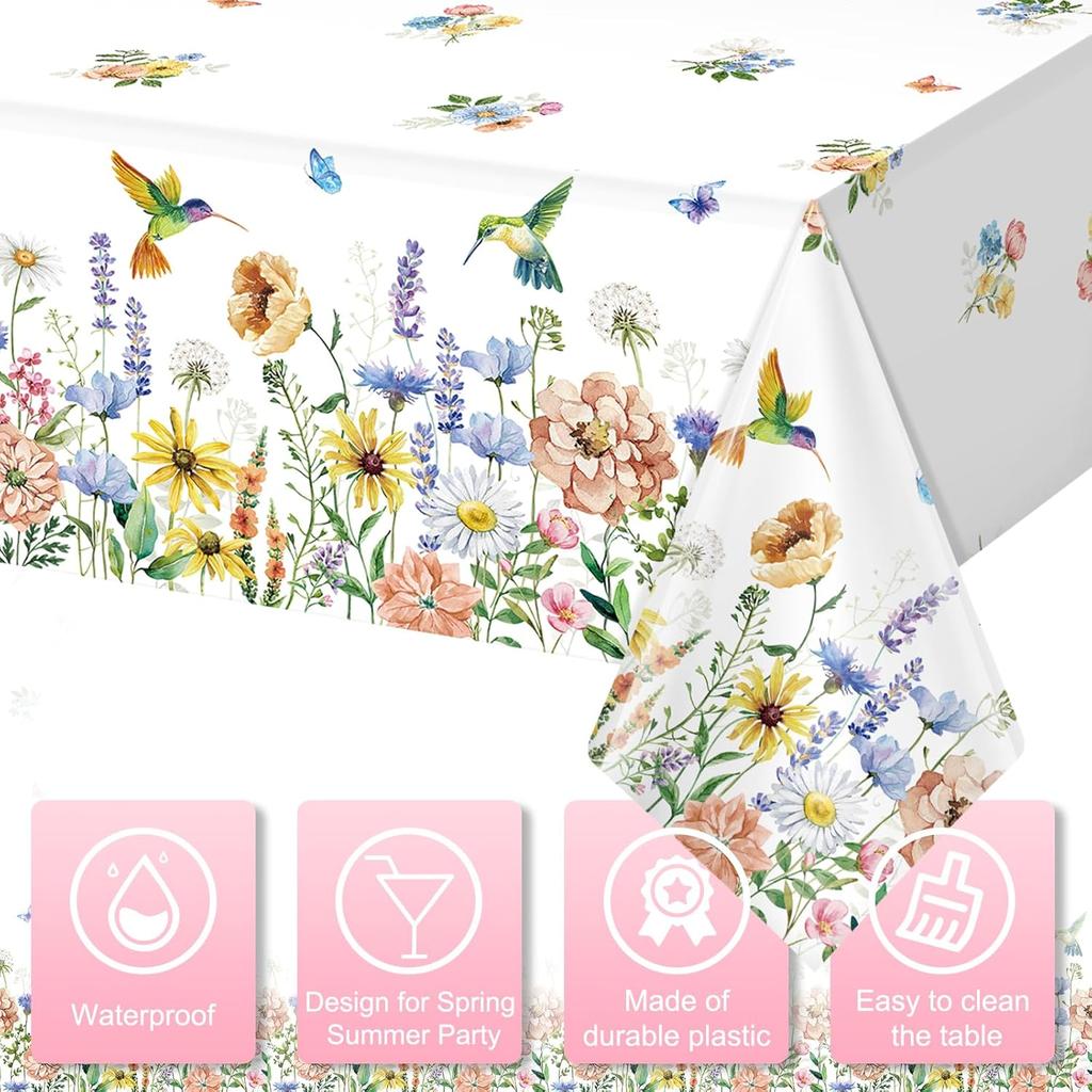 3 Pack Spring Summer Floral Tablecloth Decorations, Wildflower Plastic Disposable Table Cloth, Wild Flower Rectangle Table Cover for Garden Picnic