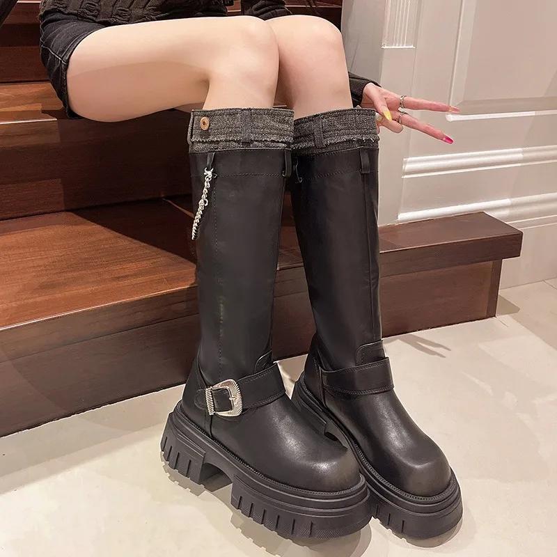 2024Platform Belt Buckle But Knee High Boots Woman Autumn Thick Heel Western Cowboy Knight Botas Patchwork Versatile Women Shoes