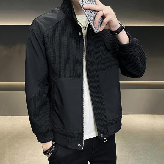 Men Jacket Stand Collar Long Sleeve Zipper Placket Jacket Coat Solid