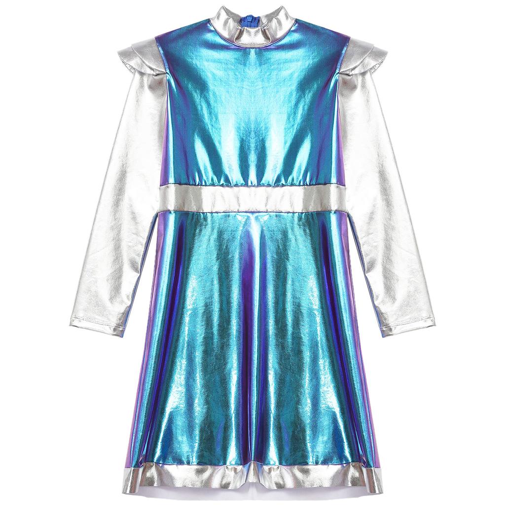 Girls Outer Space Cutie Costume: Shimmering PU Patchwork Alien Dress for Halloween & Sci-Fi Role Play Parties