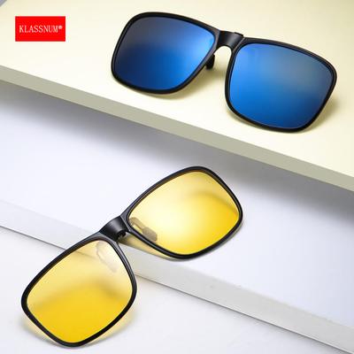 KLASSNUM Clip Polarized Sunglasses Square Men Clip On Glasses Flip-up Frames Sunglasses Covers Blue Night Vision Color Lens