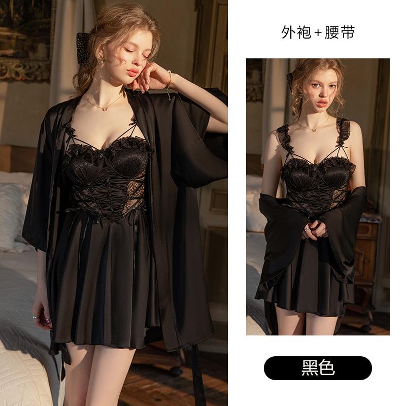 Women's Satin Lace Sheer Tie Padded Cami Sleep Dress with Robe Lounge Set