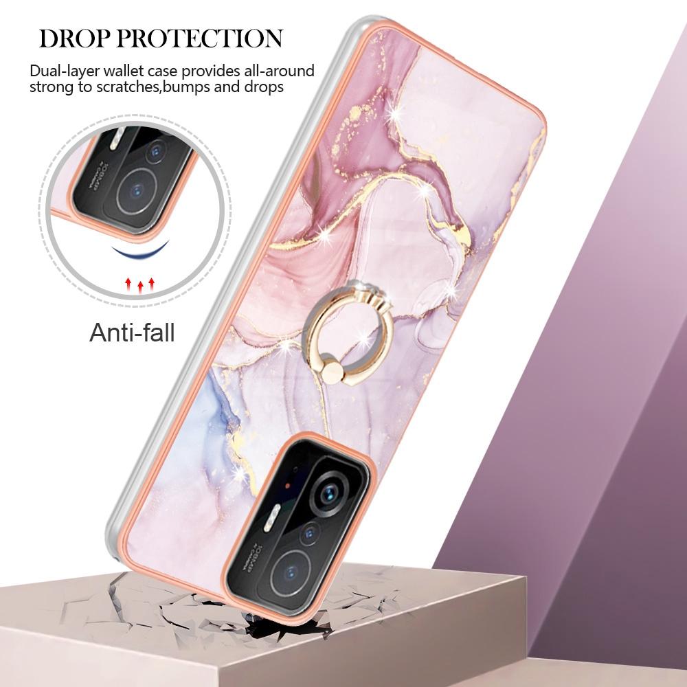 

For Xiaomi 11T/11T Pro Case with Ring Kickstand Marble Pattern Electroplating TPU Back Cover Rose Gold 005