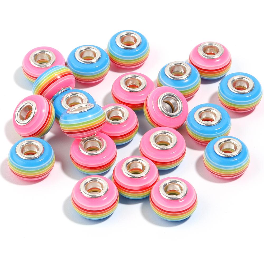 20pcs 14x8.5mm Resin Beads Rainbow Stripe Flat Round Big Hole Loose Beads For Jewelry Making DIY Bracelets Necklace Accessories