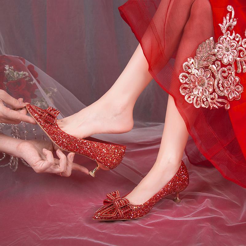 Bling Sequins Red Pumps Women Sexy Crystal Bow Thin Heels Bride Shoes for Wedding Woman Slip-On Shining High Heels Dance Shoes