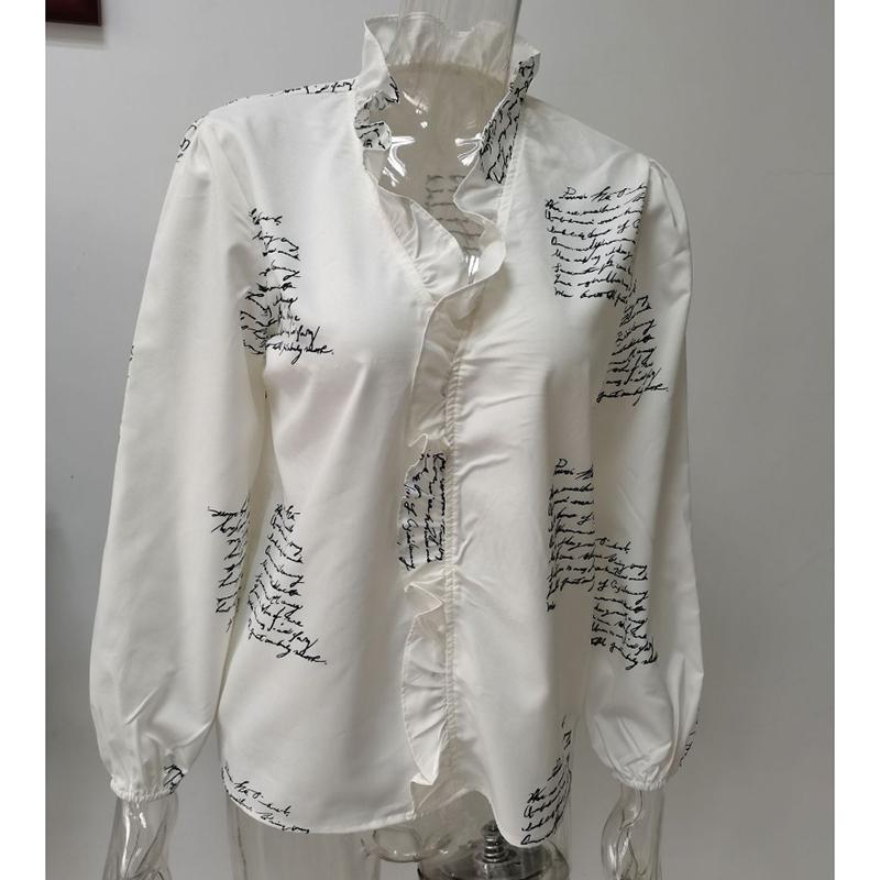 Sommer Herbst Neue Langarm Rüschen Casual Shirt Frauen Tops Vintage Print Elegante Plus Größe Bluse Frauen Mode Tasten Lose Weibliche Shirts 24662