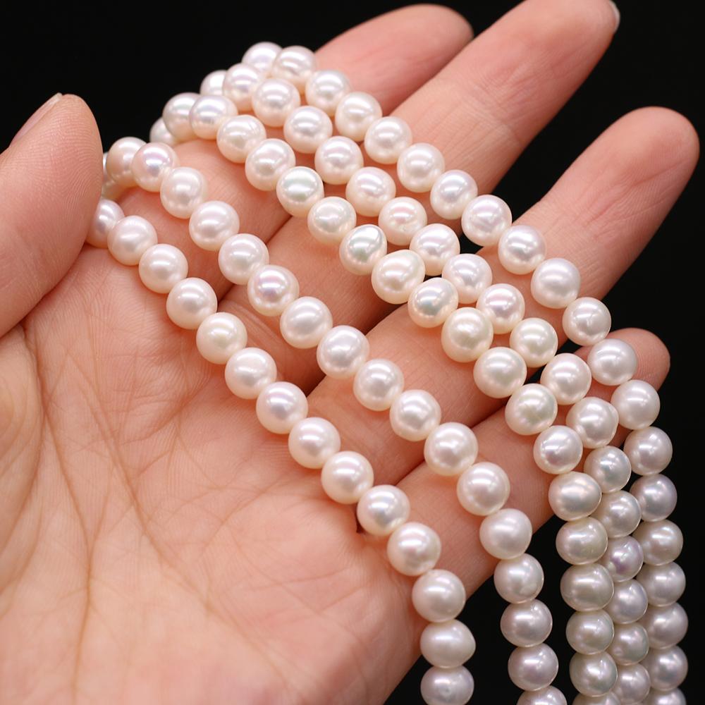 1String, White Near Round Pearl 6.5-7mm, Fashion Women Natural Freshwater Pearl Beads for Jewelry Making DIY Crafts, Luxury Bulk Gifts 36cm