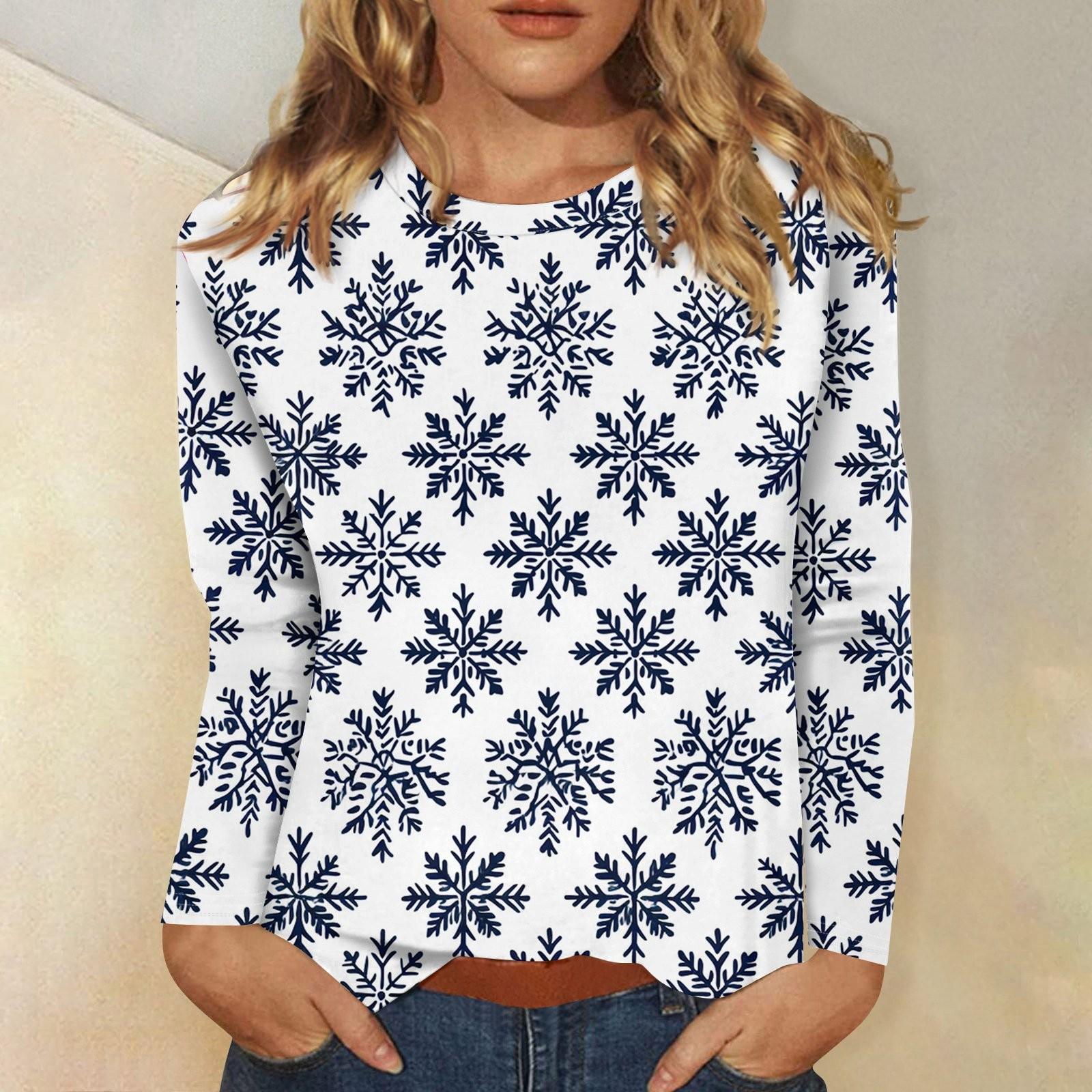 

Рубашки с длинным рукавом для женщин Милые принты Футболки Блузки Повседневные Большие размеры Базовые топы Пуловеры Рождественские XXXL