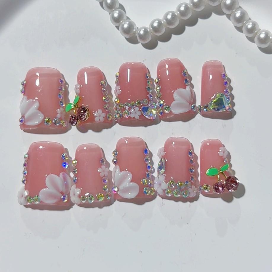 10-Piece Gold Butterfly & Pink Flower Duckbill Wearable Nails