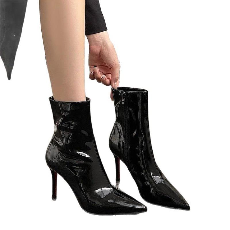 Leather pointed patent leather black short boots women's spring and autumn new thin heel short boots high heel thin boots