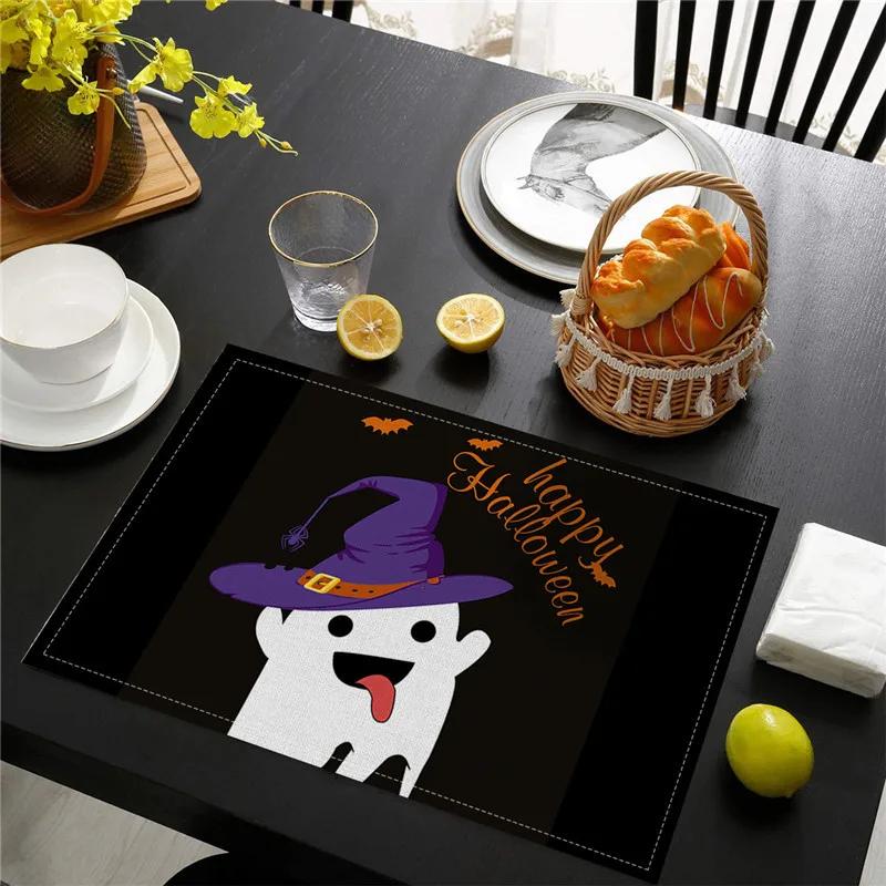 6PC Halloween Pumpkin Black Cat Placemats Festival Kitchen  Linen Dinning Table Mats Bowl Coffee Cup Pads Mats Home Decor