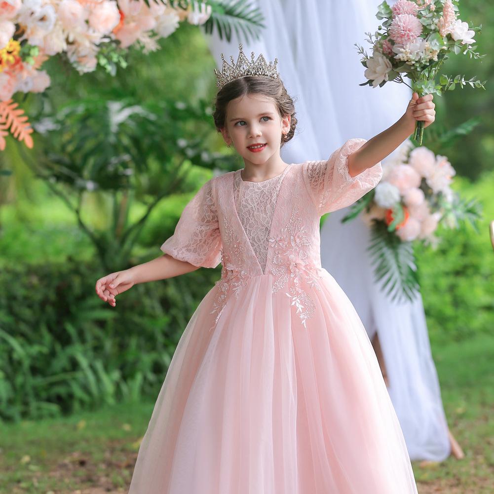 Girl's Pom Pom Princess Dress Christmas Evening Gown Host Piano Performance Breathable Mesh Formal Outfit