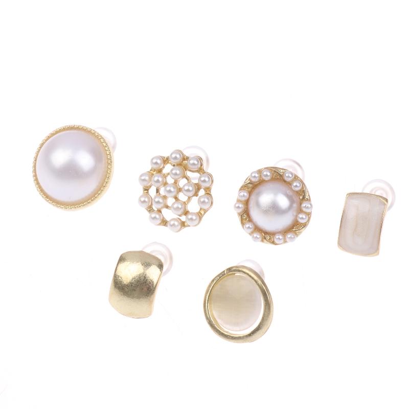 6Pairs Elegant Geometry Trim Edge Pearl Stud Earrings Gold Color Imitation Style for Wedding Ceremony