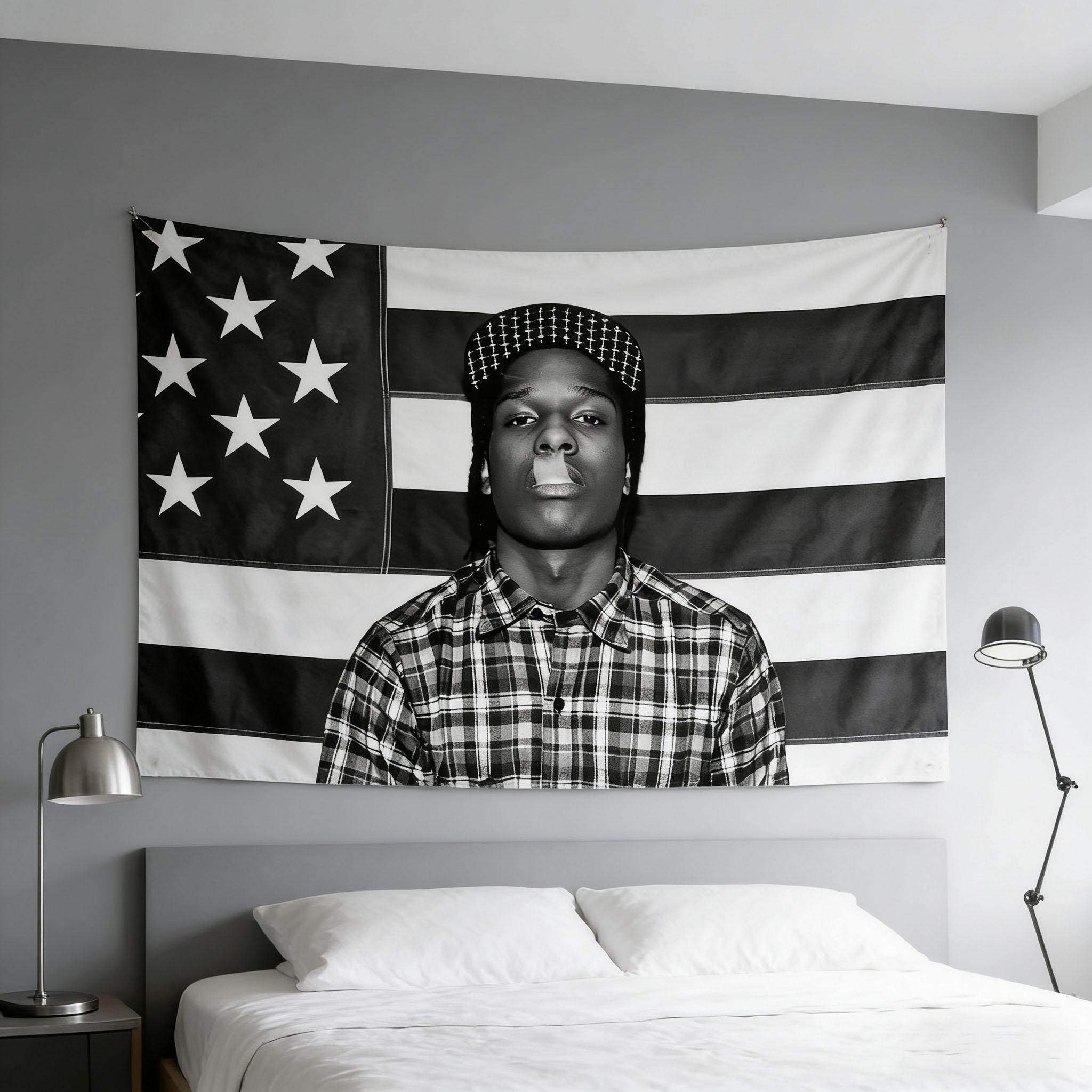

ASAP Rocky Раким Майерс Гобелен Хип-Хоп Рэп Музыка Настенный Флаг Черно-Белый Серый Арт для Спальни Комнаты в Общежитии Декор 74x94cm(29x37in)