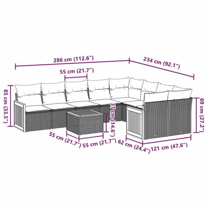 VidaXL Salon de Jardin avec Coussins 10 pcs, Canapés de Terrasse, Ensemble de Meubles de Patio, Mobilier d'Extérieur, Noir 3260390
