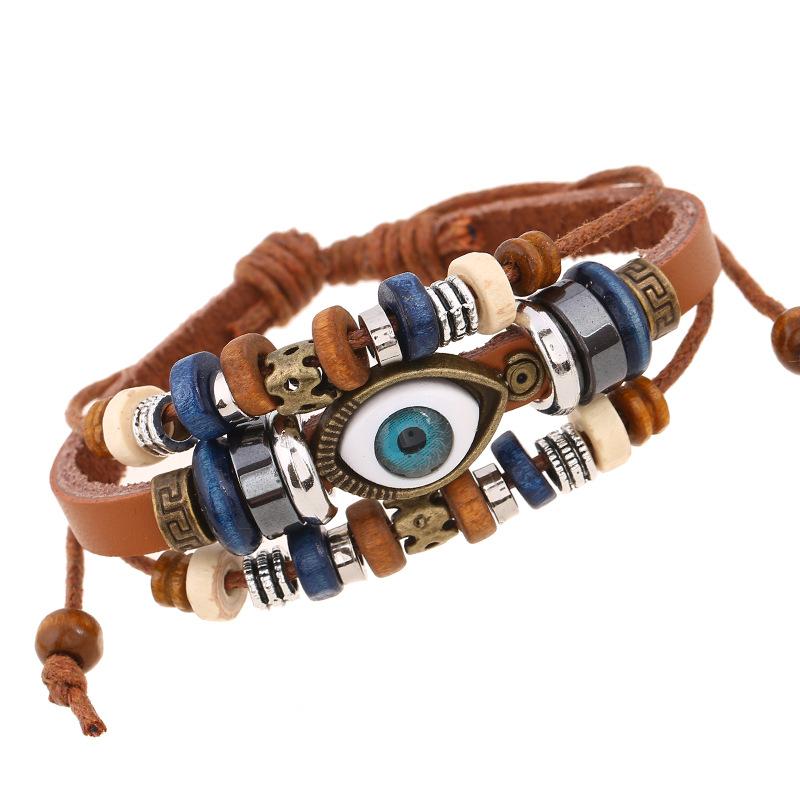 1pcs Couple Pull Adjustable Bracelet, Beaded Eye Leather Bracelet, Cowhide Handmade Jewelry
