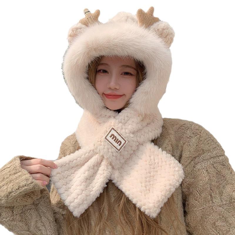 Hat female autumn and winter cute thickened fluffy scarf ear protection big head circumference show face small atmosphere scarf hat
