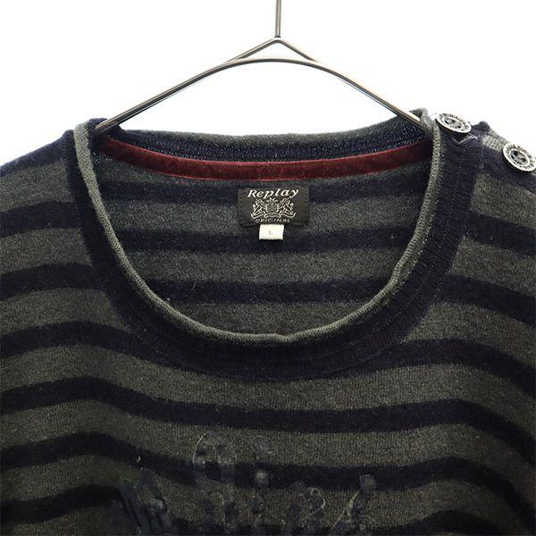 Replay Woll-Muster Langarmpullover L Grau x marineblau gestrickt Herren Gebraucht