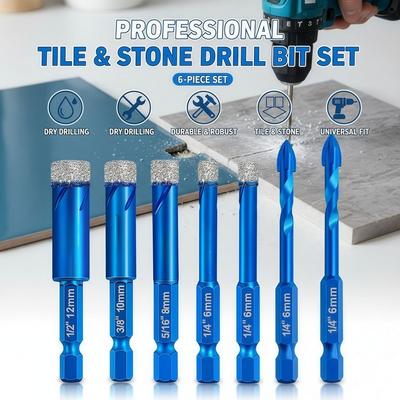 6 Pcs Set Dry Tile Drilling Bit Dia 6/8/10/12MM 1/4 Inch Hexagonal Shank Hole Opener Durable Spiral Groove Granite Drilling Bit