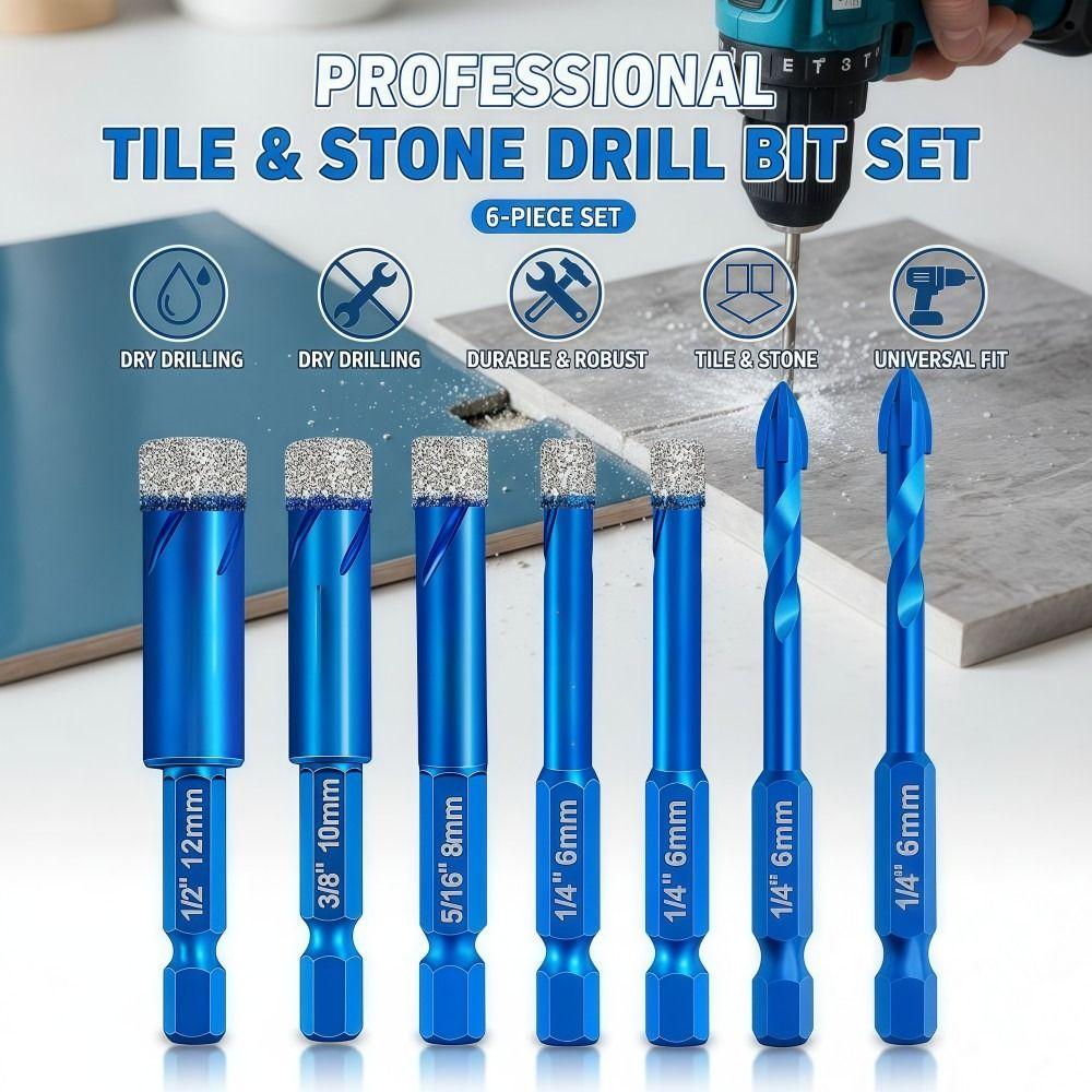 6 Pcs Set Dry Tile Drilling Bit Dia 6/8/10/12MM 1/4 Inch Hexagonal Shank Hole Opener Durable Spiral Groove Granite Drilling Bit
