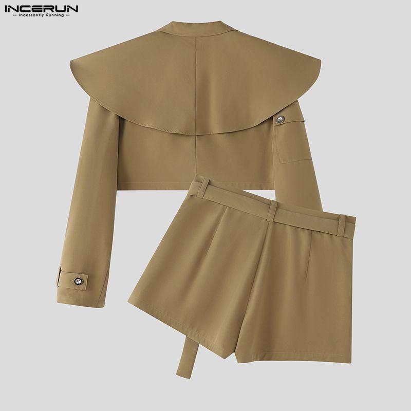 INCERUN 2PCS Men Lapel Neck Long Sleeve Cropped Tops Pants Two Piece Suit Casual Outfits Sets
