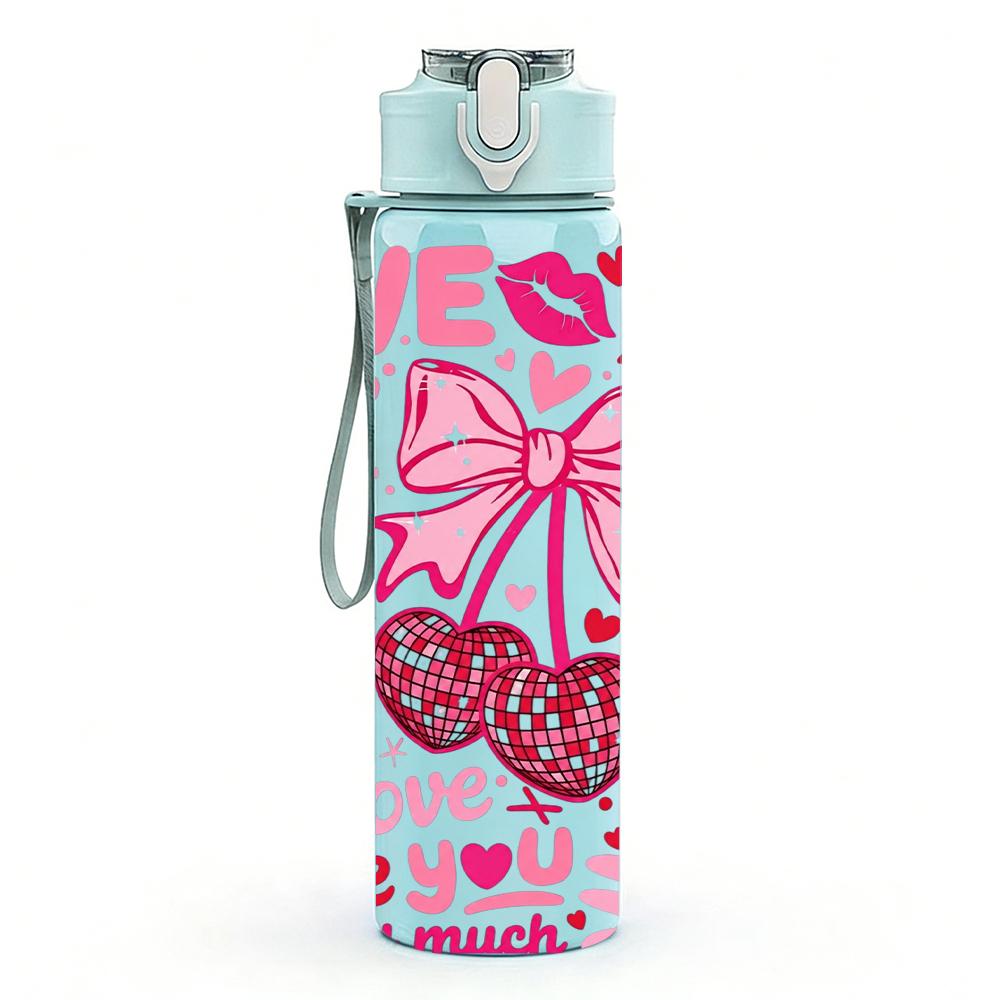 1PC Lip Kiss Bow Love Heart 750ml Color Plastic Sports Water Bottle Leakproof Flip Straw Lid Suitable for Sports Office Home Use
