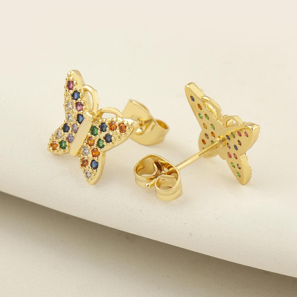 Nidin Hot Sale Rainbow Butterfly Shape Stud Earrings For Women Female Copper Inlaid Colorful Zircon Fashion Cute Ear Jewelry