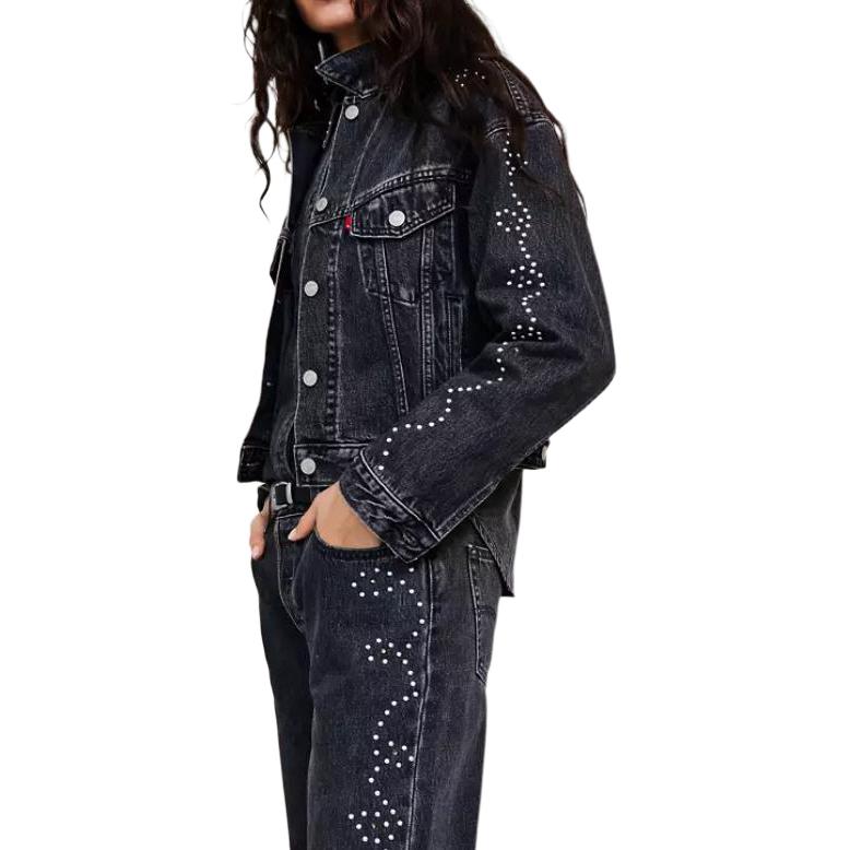 Levis Studded Single Button Long Sleeve Loose Short Denim Jacket Women jackets A9456-0003