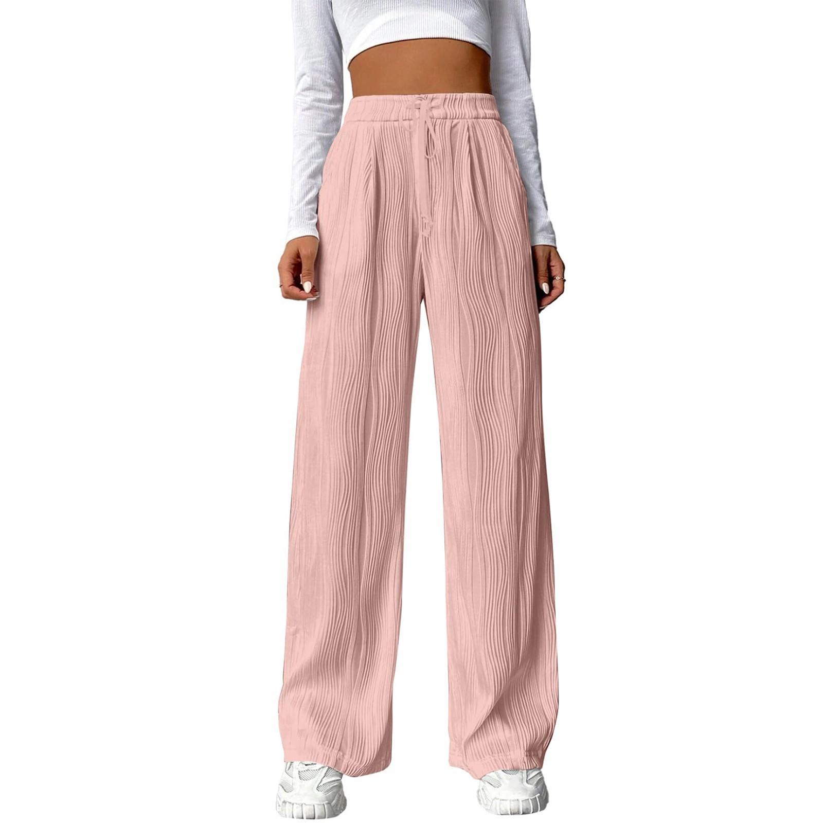 

Женские эластичные брюки с высокой талией, повседневные активные брюки с широкими штанинами и длинными брюками, брюки с карманами XS розовый