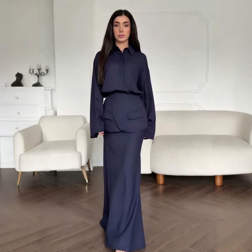 Autumn New European, American Amazon Cross-border V-neck Shirt Ruffle Edge Top Fishtail Skirt Set