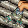 Fashion Eilyken Colorful Snake Skin Boots Women High Heels Thick Mid-calf Boot Distressed Pointed Toe Zip Pleated Slouch Shoes