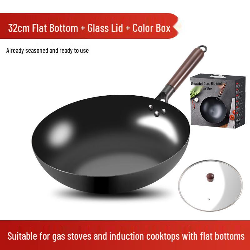 Zhishi Traditional Uncoated 32cm Nitrided Iron Wok