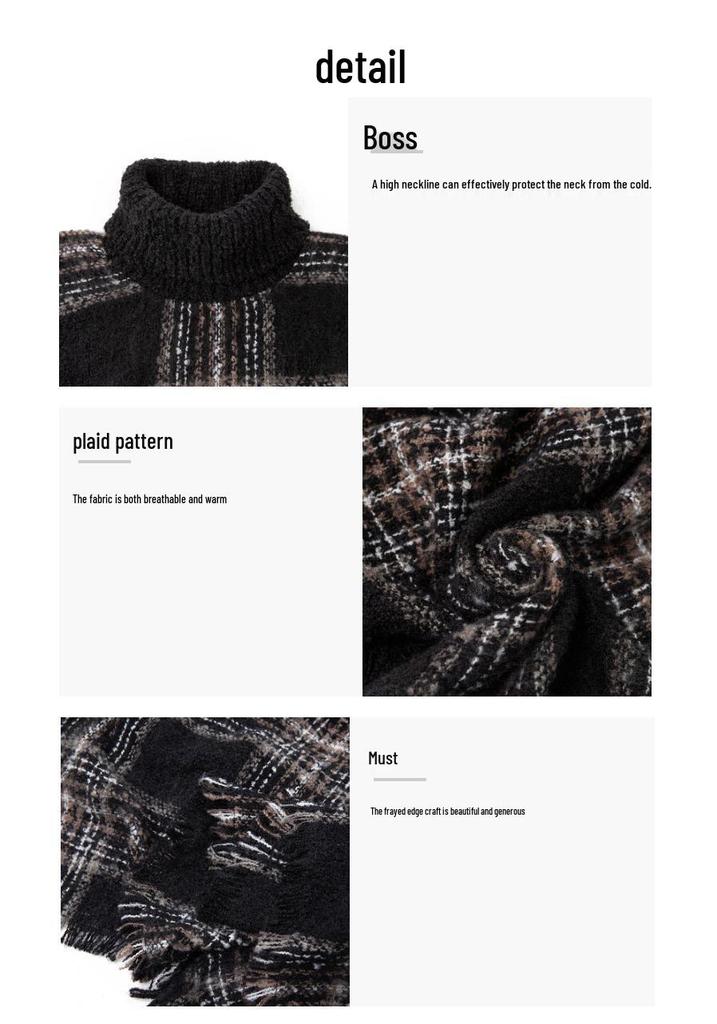 Plaid Tassel Pullover Shawl with High Collar - Plus Size, Autumn/Winter Collection
