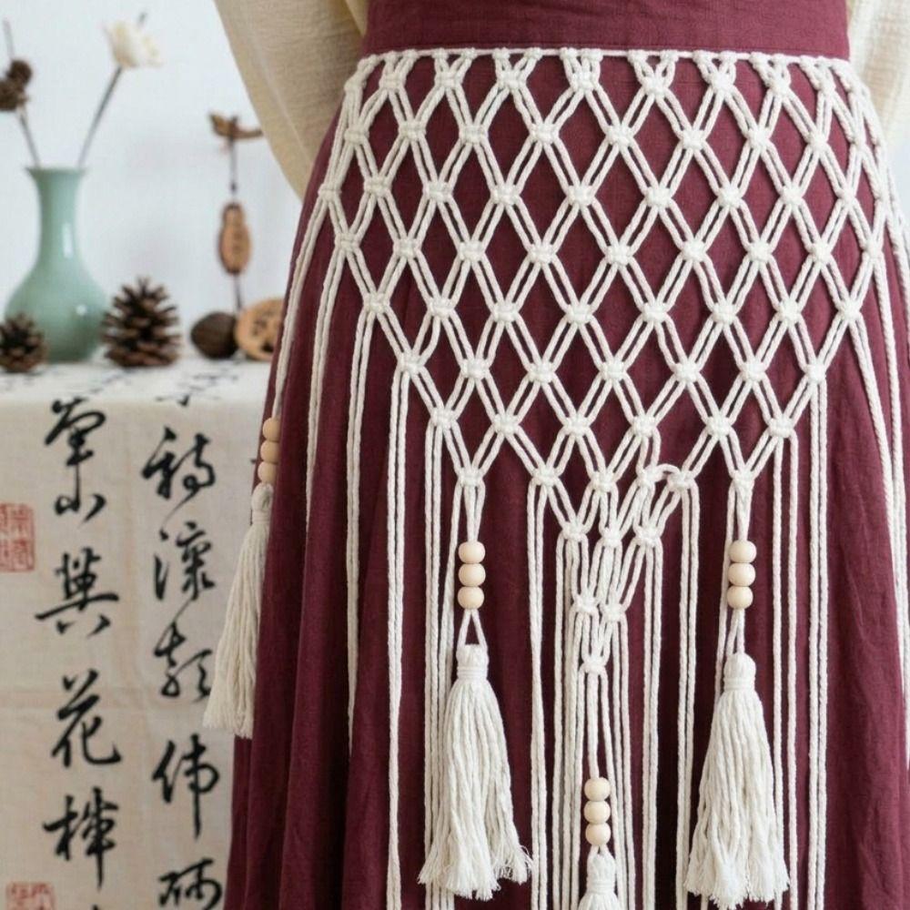 Mesh Weave Tassel Belts Retro Woven Tassel Waistband Fashion Bohemian Style Belts  Jeans Decorative