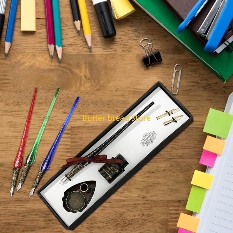 W89C Glass Dip Pen and Inks Set with Pen Holder Replaceable Pen Tip Beginner Caligraphy Set for Art Writing Drawing Signing