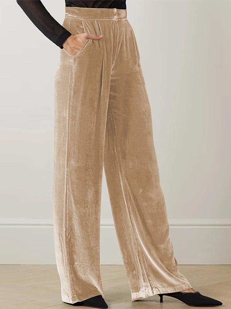 Women's Wide Leg Velvet Long Trousers New Summer Empire Elastic Waist Casual Solid Bottoms Office Lady Vintage Pocket Full Pant