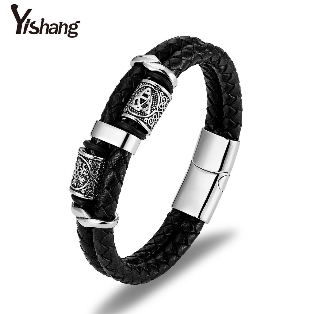 New Stainless Steel Leather Rope Bracelet Double Weave Leather Men's Bracelet