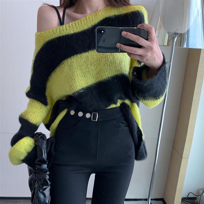 Pullover Off Shoulder Striped Sweater Mode Lockerer und fauler Strickpullover Mantel Damen Langarmshirt Herbst