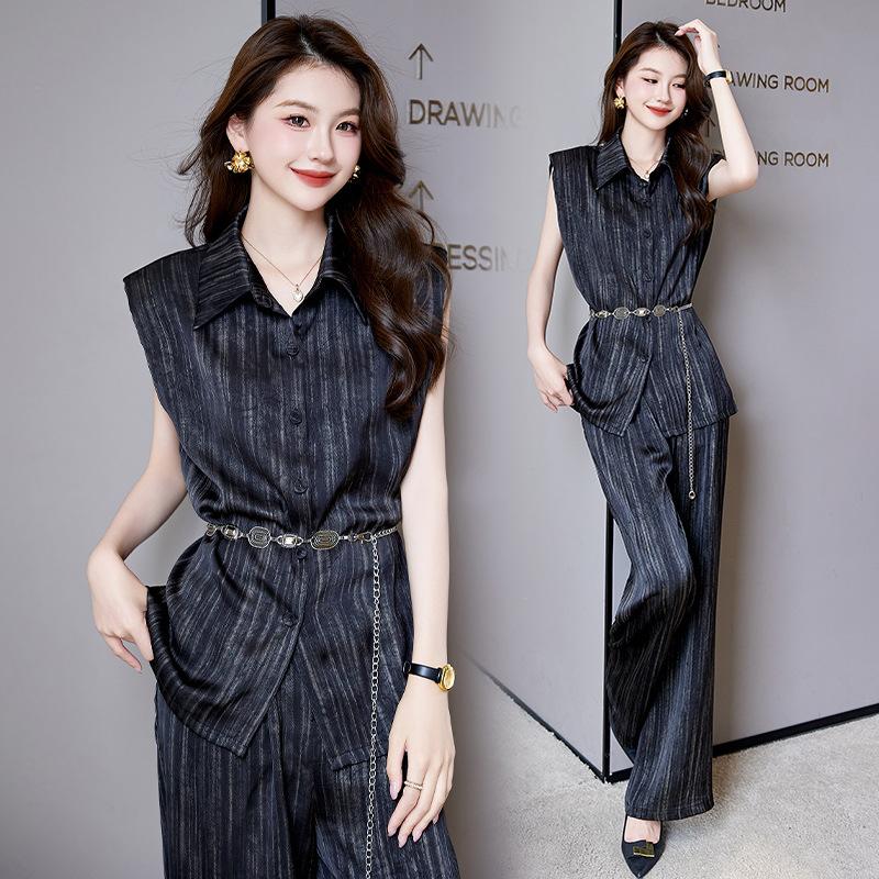 

Комплект брюк палаццо Женский летний новый дизайн темпераментная полосатая рубашка комплект из двух предметов XXL чёрный