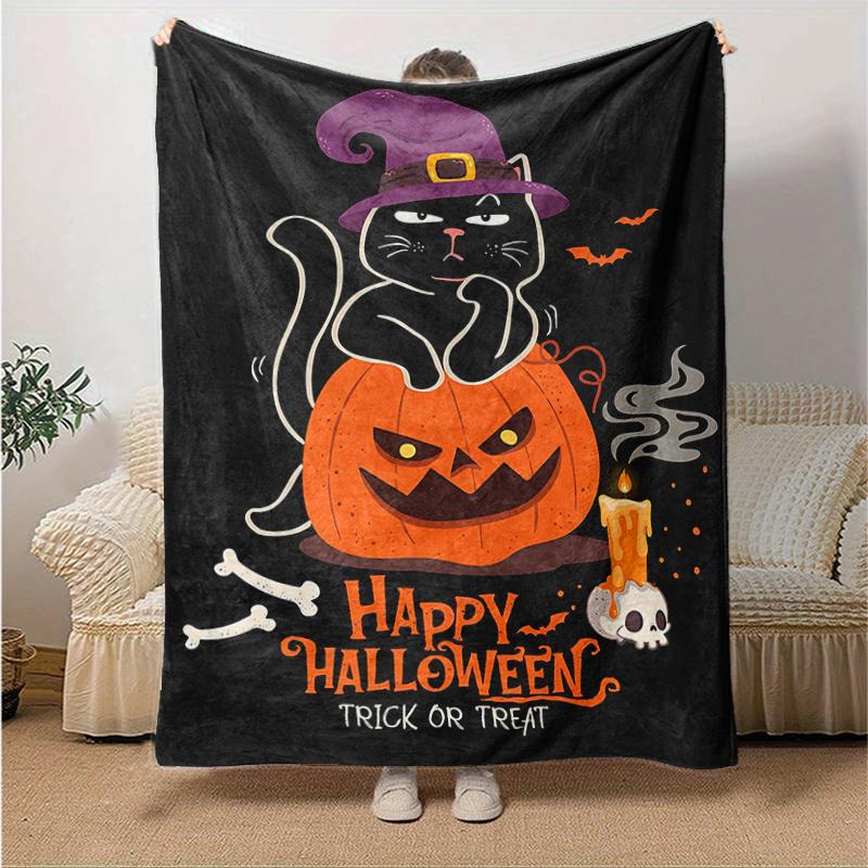 1pc Trick or Treat Cat & Pumpkin Halloween Blanket  Soft & Cozy, Living Room, Travel, Camping, Car Blankets