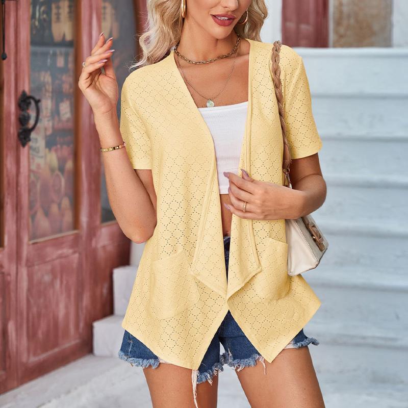 Dámské topy jednobarevné dutý krátký rukáv volný ležérní bunda kapsa cardigan