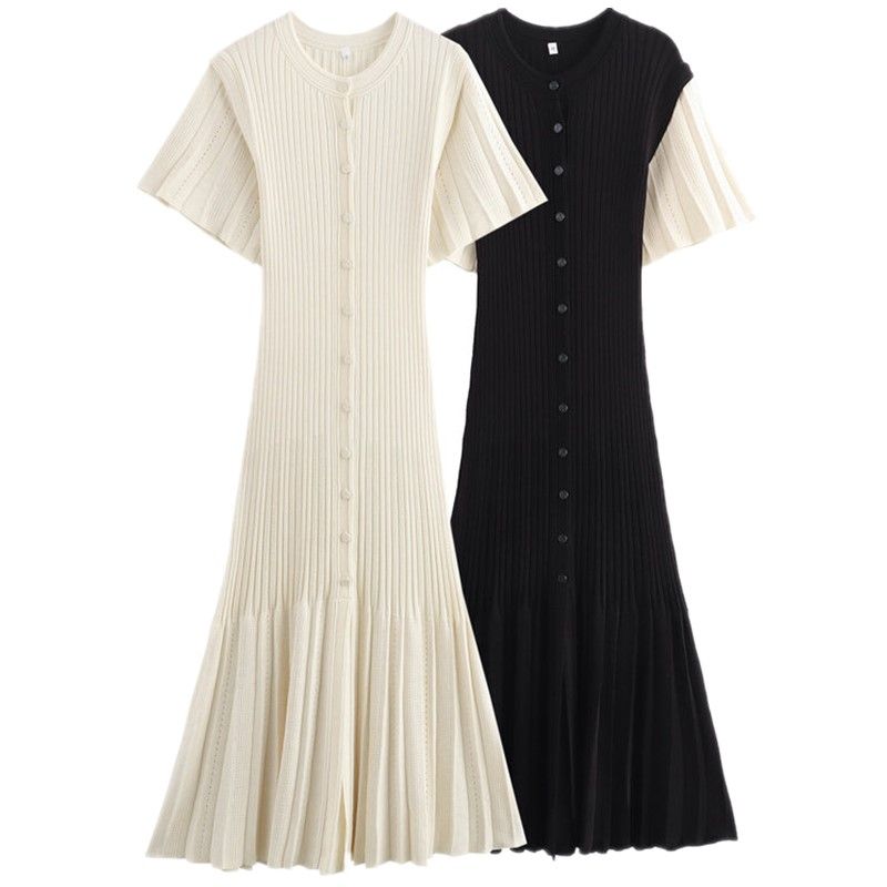 Western Style 2024 Autumn New Women Clothes Slim Fit Two-Color Knitted Single-Breasted Long Dress Fishtail Skirt