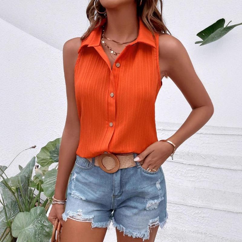 Camicetta da Donna Arancione a Coste Senza Maniche con Bottoni e Collo Camicia Casual Estiva Monocolore