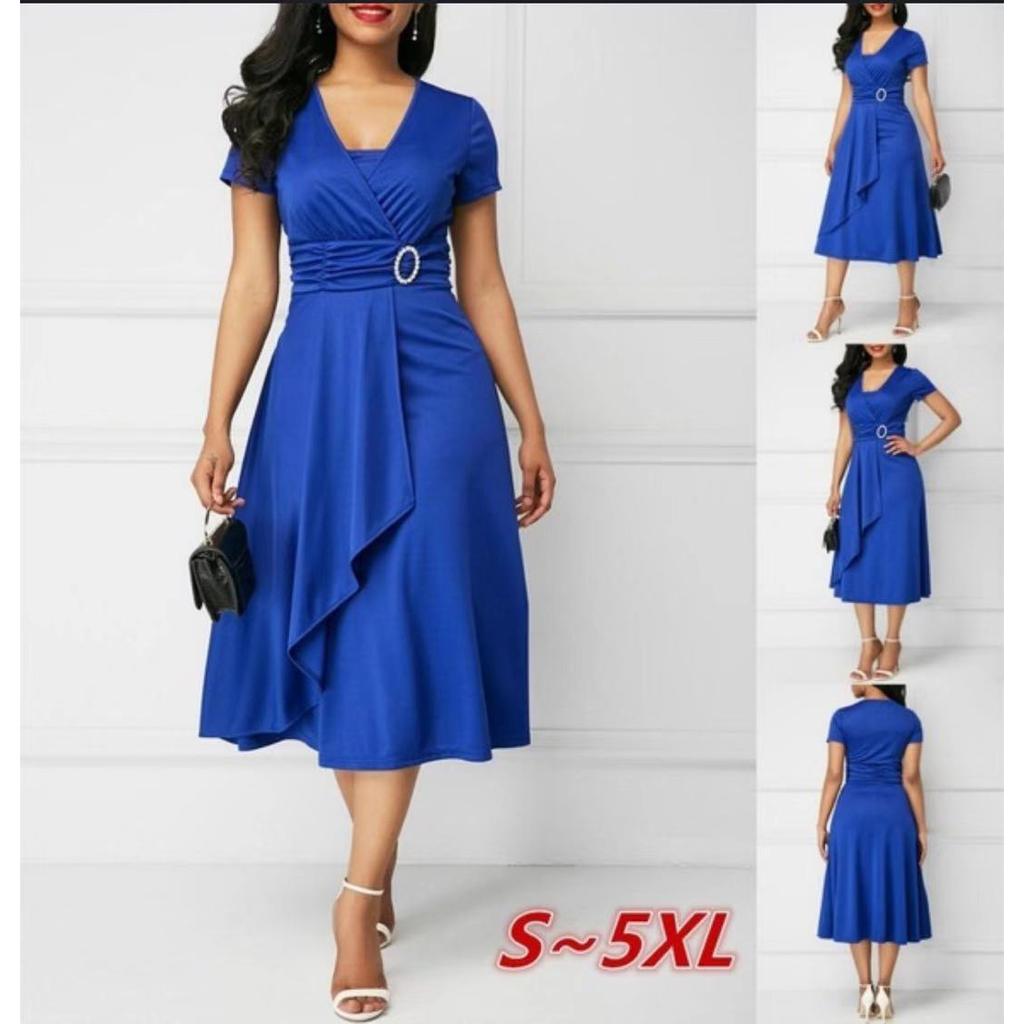 Summer Dresses Elegant Women Solid Color Short Sleeve V Neck Asymmetric Hem Waist Tight Midi Party Dress Ladies Evening Vestidos