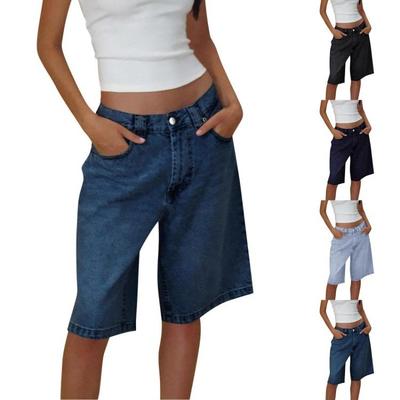 Damen Lässig Sommer High Waist Knielang Denim Jeans mit Knopfleiste und aufgesetzten Taschen Trendy