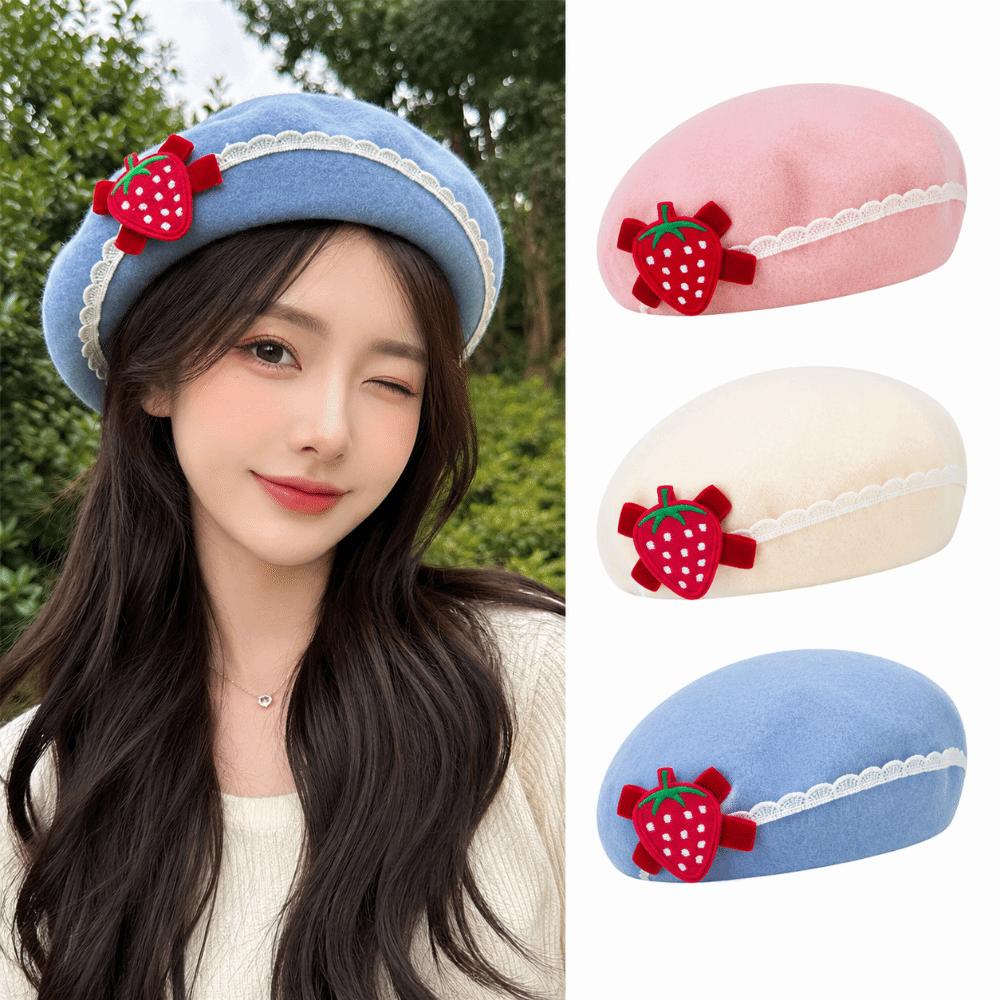 Lace Edge Knitted Beret Soft Bow Beret Japanese Style Pullover Beanie Cap  Autumn Winter Season