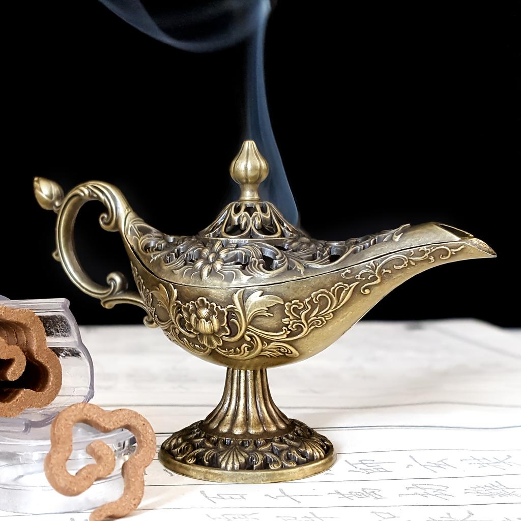 Aladdin Lamp Incense Burner, Carved Craft, Classic Wishing Lamp, Desktop Sandalwood Censer, Home Decor & Holiday Gift